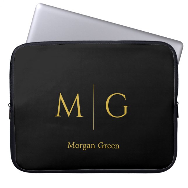 Stijlvol monogram met naamontwerp zwart laptop sleeve (Voorkant)