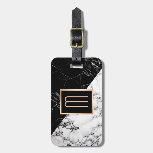 Stijlvol monogram moderne zwarte marmer bagagelabel (Voorkant verticaal)