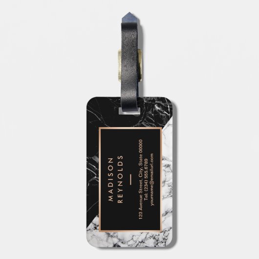Stijlvol monogram moderne zwarte marmer bagagelabel (Achterkant verticaal)