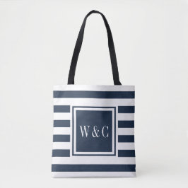 Stijlvol Monogram Navy Blauwe Witte Streep Tote Bag