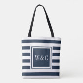 Stijlvol Monogram Navy Blauwe Witte Streep Tote Bag (Achterkant)