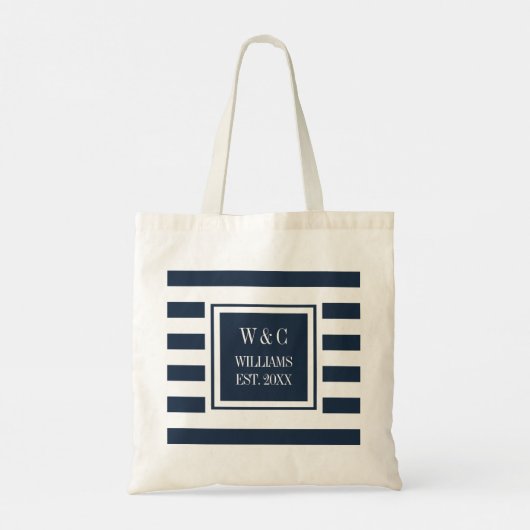Stijlvol Monogram Navy Blue White Stripe Tote Bag (Achterkant)