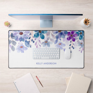 Stijlvol Monogram Paars & Blauw Aquarel bloemmotie Bureaumat