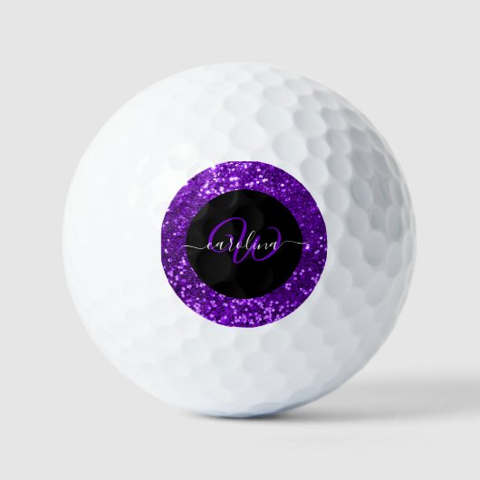 Stijlvol monogram paarse glitter naam zwart golfballen (Voorkant)