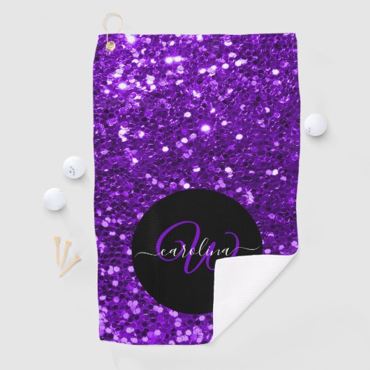 Stijlvol monogram paarse glitter naam zwart golfhanddoek (Insitu)