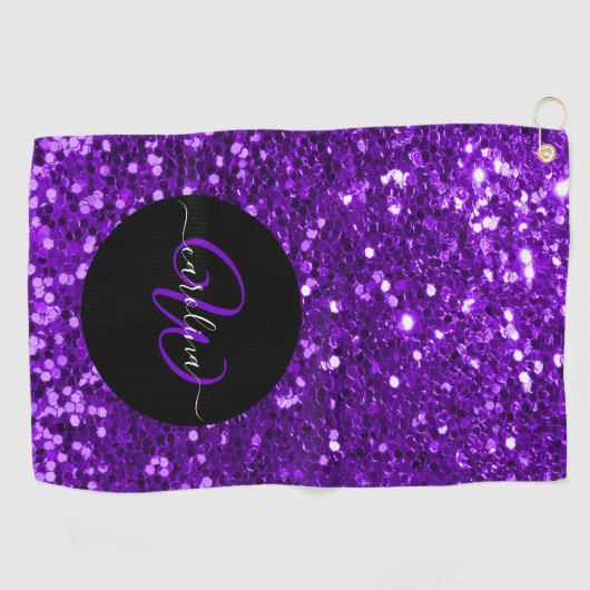 Stijlvol monogram paarse glitter naam zwart golfhanddoek (Horizontaal)