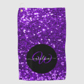 Stijlvol monogram paarse glitter naam zwart golfhanddoek (Voorkant)