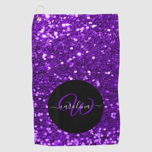 Stijlvol monogram paarse glitter naam zwart golfhanddoek (Voorkant)