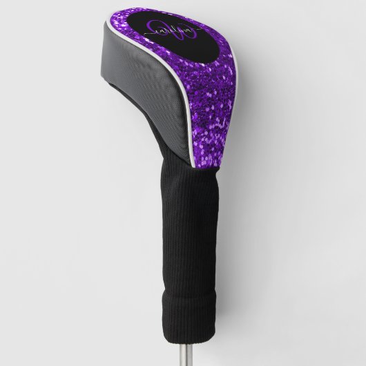 Stijlvol monogram paarse glitter naam zwart golfheadcover (Schuin)