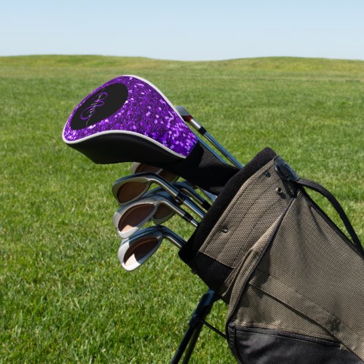 Stijlvol monogram paarse glitter naam zwart golfheadcover (Insitu)