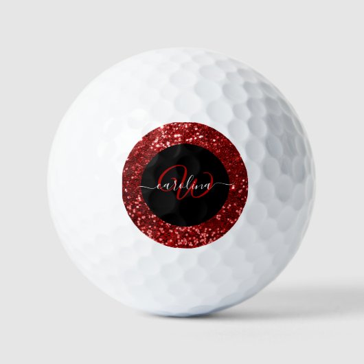 Stijlvol monogram rode glitter naam zwart golfballen (Voorkant)