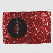 Stijlvol monogram rode glitter naam zwart golfhanddoek (Horizontaal)