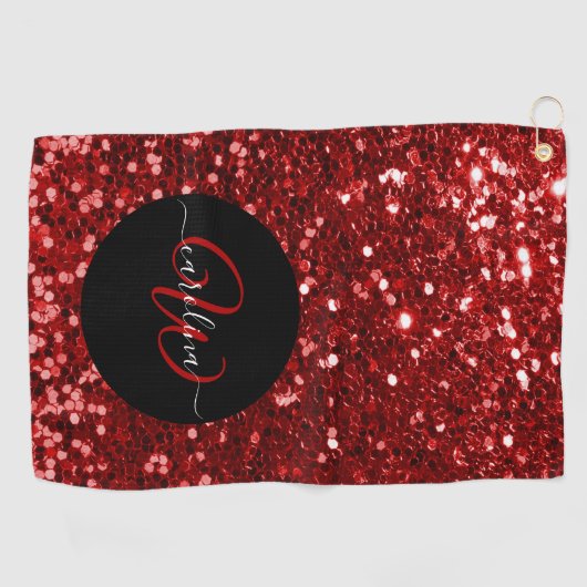Stijlvol monogram rode glitter naam zwart golfhanddoek (Horizontaal)