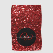 Stijlvol monogram rode glitter naam zwart golfhanddoek (Voorkant)