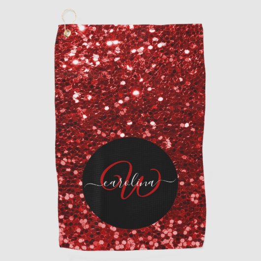 Stijlvol monogram rode glitter naam zwart golfhanddoek (Voorkant)