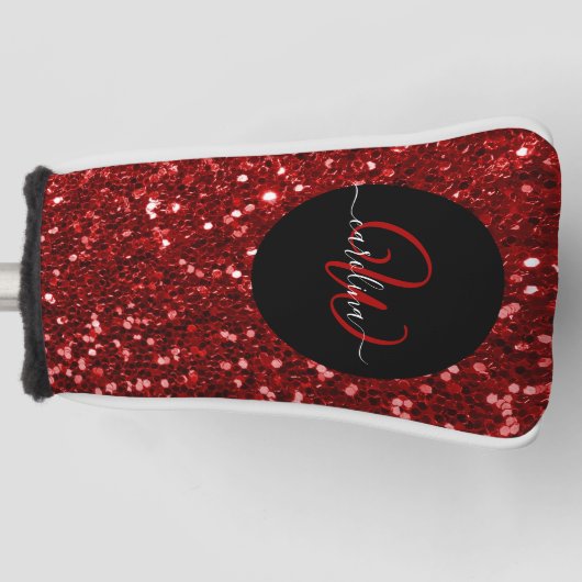 Stijlvol monogram rode glitter naam zwarte golf golfheadcover (Voorkant)