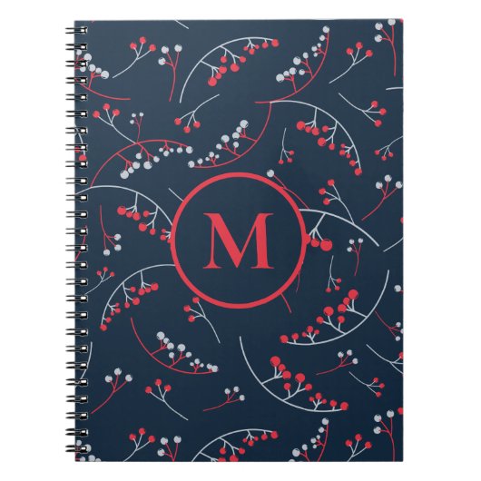 Stijlvol monogram rood marineblauw bes patroon notitieboek (Voorkant)