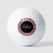 Stijlvol monogram roos goudglitter naam zwart golfballen (Voorkant)