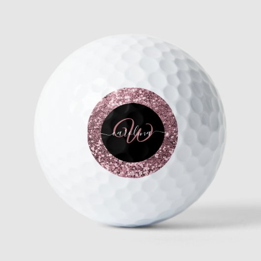 Stijlvol monogram roos goudglitter naam zwart golfballen (Voorkant)