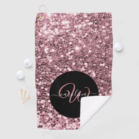 Stijlvol monogram roos goudglitter naam zwart golfhanddoek (Insitu)