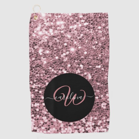 Stijlvol monogram roos goudglitter naam zwart golfhanddoek (Voorkant)