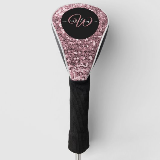 Stijlvol monogram roos goudglitter naam zwart golfheadcover (Voorkant)