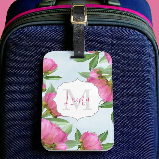 Stijlvol monogram roze botanische pony's elegant bagagelabel
