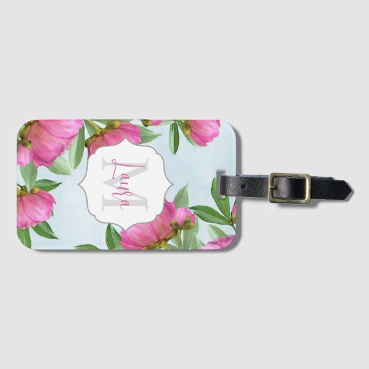 Stijlvol monogram roze botanische pony's elegant bagagelabel (Voorkant (horizontaal))