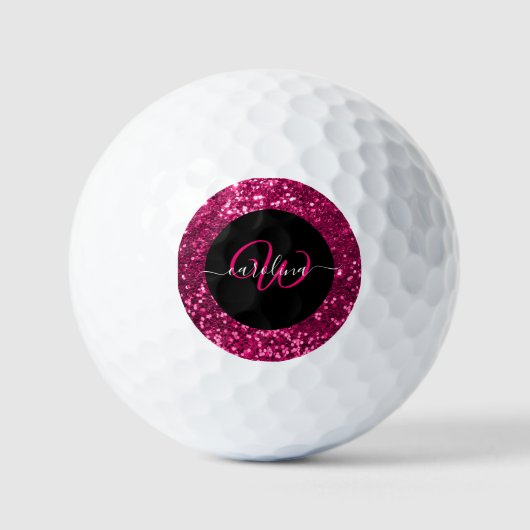 Stijlvol monogram roze glitter naam zwart golfballen (Voorkant)