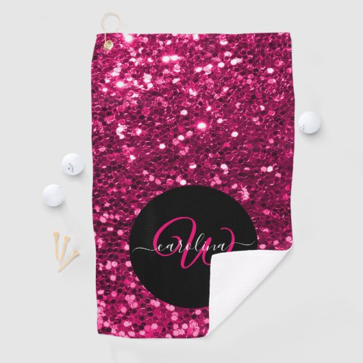 Stijlvol monogram roze glitter naam zwart golfhanddoek (Insitu)
