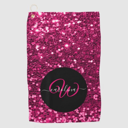 Stijlvol monogram roze glitter naam zwart golfhanddoek (Voorkant)