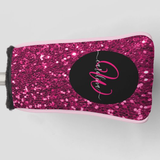 Stijlvol monogram roze glitter naam zwart golfheadcover (Voorkant)