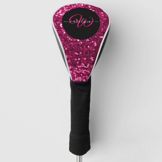 Stijlvol monogram roze glitter naam zwart golfheadcover (Voorkant)