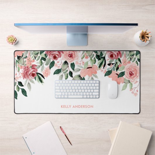 Stijlvol Monogram Roze & Groen Waterverf bloemmoti Bureaumat (Kantoor 1)