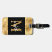 Stijlvol Monogram Script Zwart en Goud Metaalglans Bagagelabel (Voorkant horizontaal)