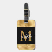 Stijlvol Monogram Script Zwart en Goud Metaalglans Bagagelabel (Voorkant verticaal)