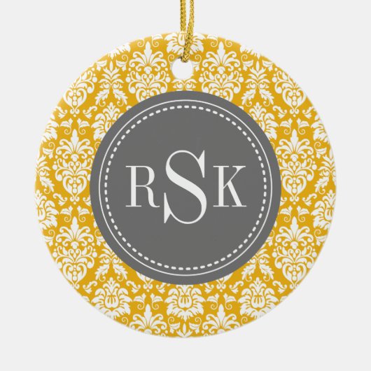 Stijlvol Monogram Trio Yellow Damask Keramisch Ornament (Voorkant)