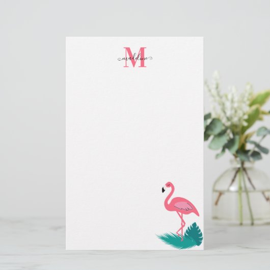 Stijlvol Monogram Tropische Leaves Hot Pink Flamin Briefpapier (Staand voorkant)