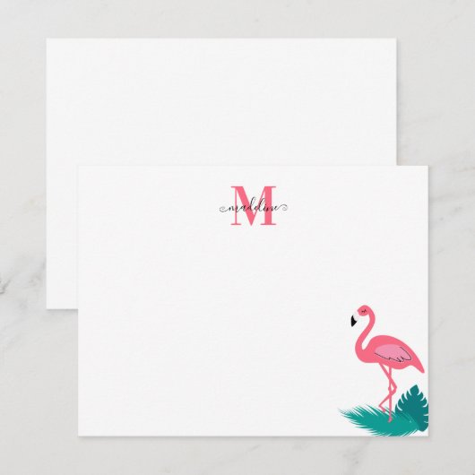Stijlvol Monogram Tropische Leaves Hot Pink Flamin Notitiekaartje (Voorkant / Achterkant)