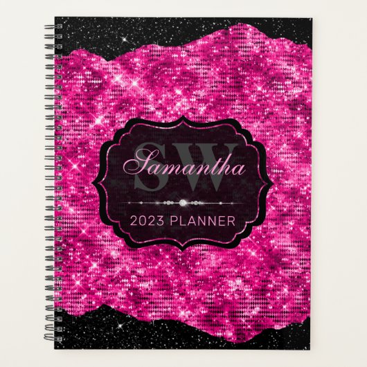 Stijlvol monogram voor Hot Pink Glitter en Black E Planner (Voorkant)