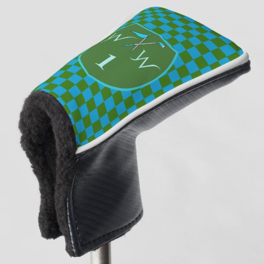 Stijlvol mosgroen azuurblauw geruit monogram golfheadcover (3/4 voorkant)
