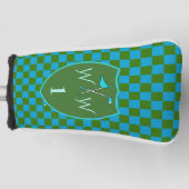 Stijlvol mosgroen azuurblauw geruit monogram golfheadcover (Voorkant)