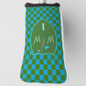 Stijlvol mosgroen azuurblauw geruit monogram golfheadcover (Draai 90)