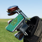Stijlvol mosgroen azuurblauw geruit monogram golfheadcover (Insitu)