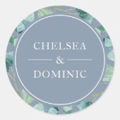 Stijlvol mosterdblauw Eucalyptus Weddenschap Label (Voorkant)