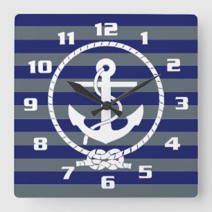 Stijlvol Nautical Anchor en Blue Stripe Pattern Vierkante Klok