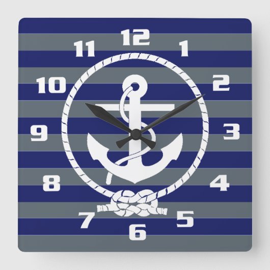 Stijlvol Nautical Anchor en Blue Stripe Pattern Vierkante Klok (Voorkant)