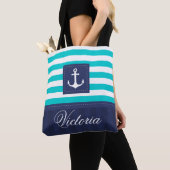 Stijlvol Nautical Aqua Navy Anchor Design Custom Tote Bag (Dichtbij)
