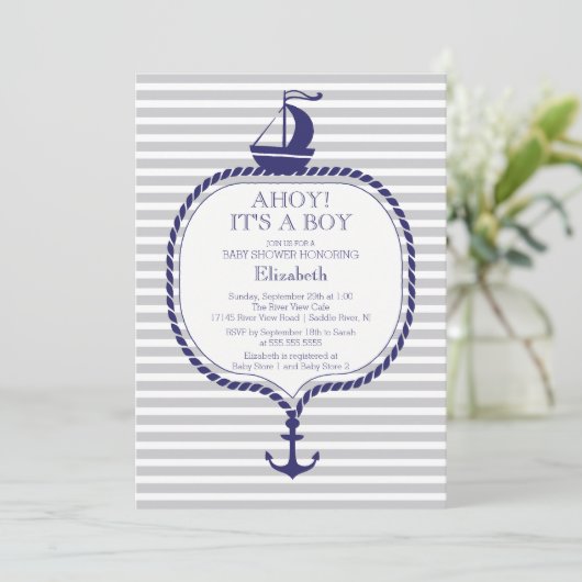 Stijlvol nautisch grijs blauw zeilboot Baby shower Kaart (Staand voorkant)