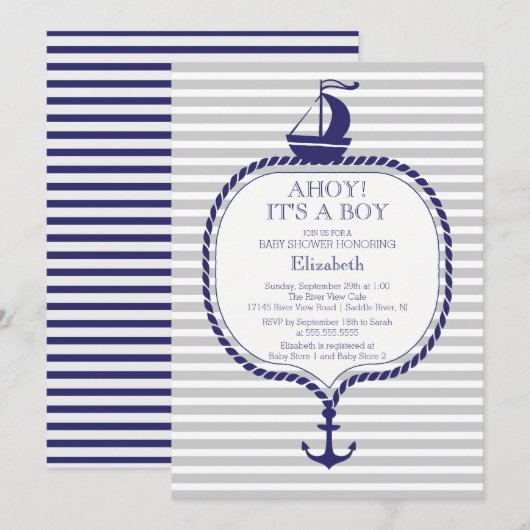 Stijlvol nautisch grijs blauw zeilboot Baby shower Kaart (Voorkant / Achterkant)